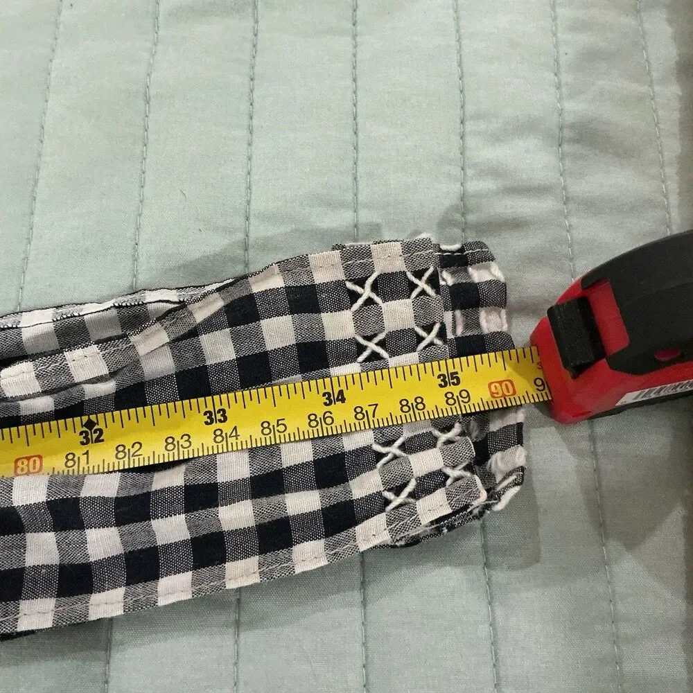 Vintage Handmade Black White Gingham Half Apron Embroidered Pocket 70” Tie